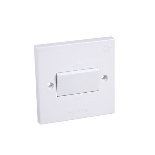A single white 3 pole fan isolation switch with a central off-switch button and two side poles.